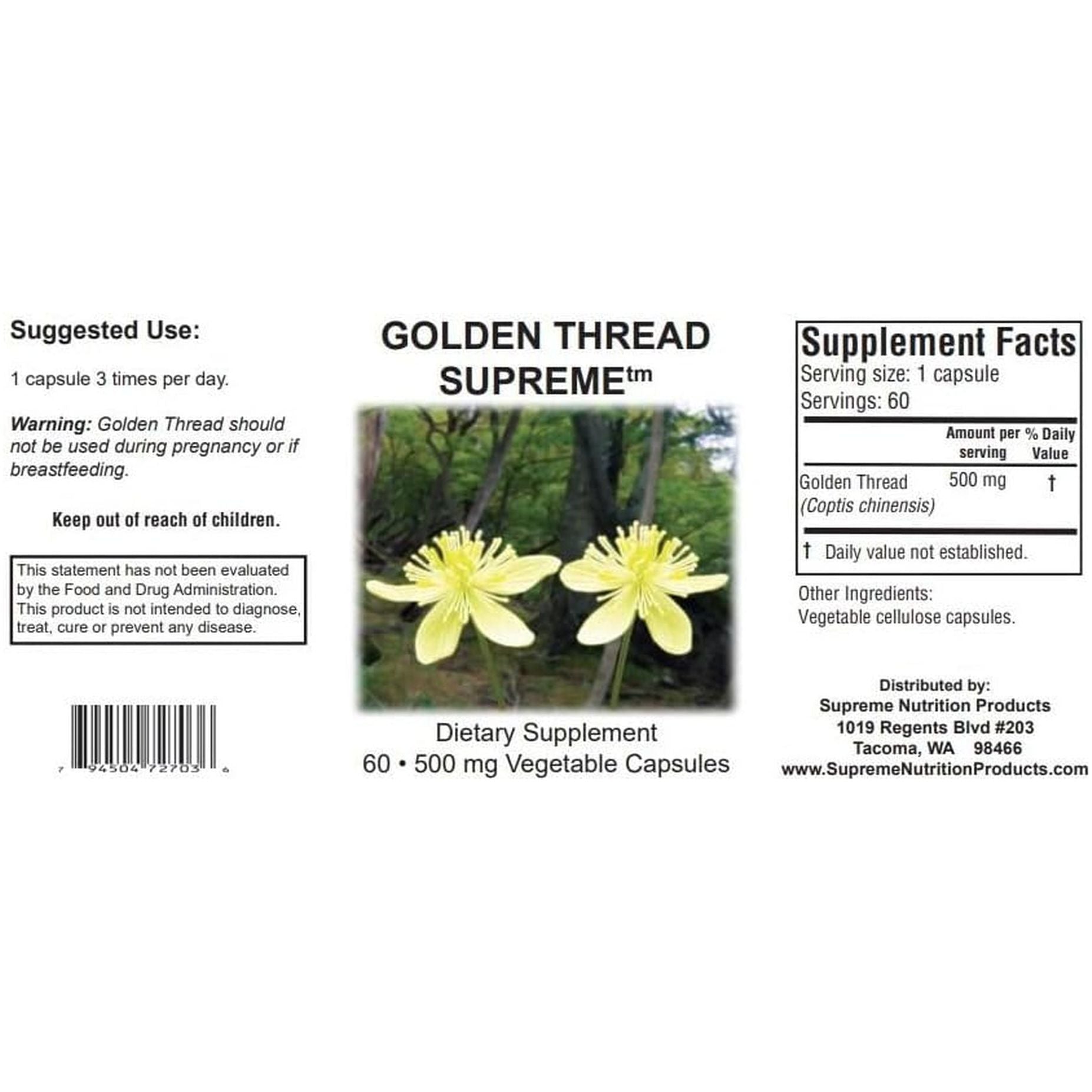 Supreme Nutrition Golden Thread Supreme, 60 Pure Coptis Chinensis Vegetarian Capsules