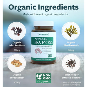 Irish Sea Moss Capsules Organic Irish Seamoss, Bladderwrack & Burdock - Raw Vegan Supplement - 60 Capsules