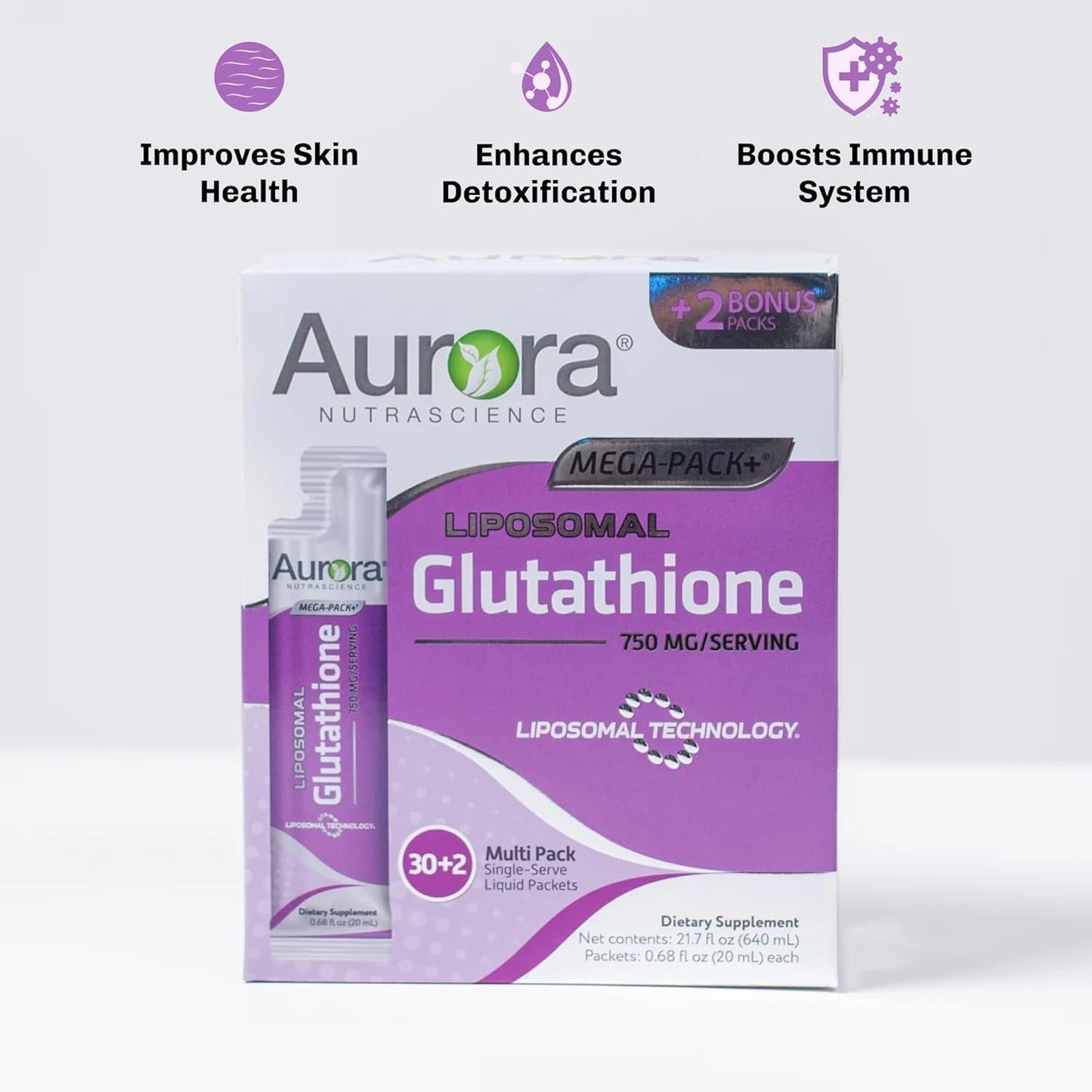Aurora Nutrascience Mega-Liposomal Liquid Glutathione, Immune System Support, Antioxidant, 750 Mg, 32 Packets
