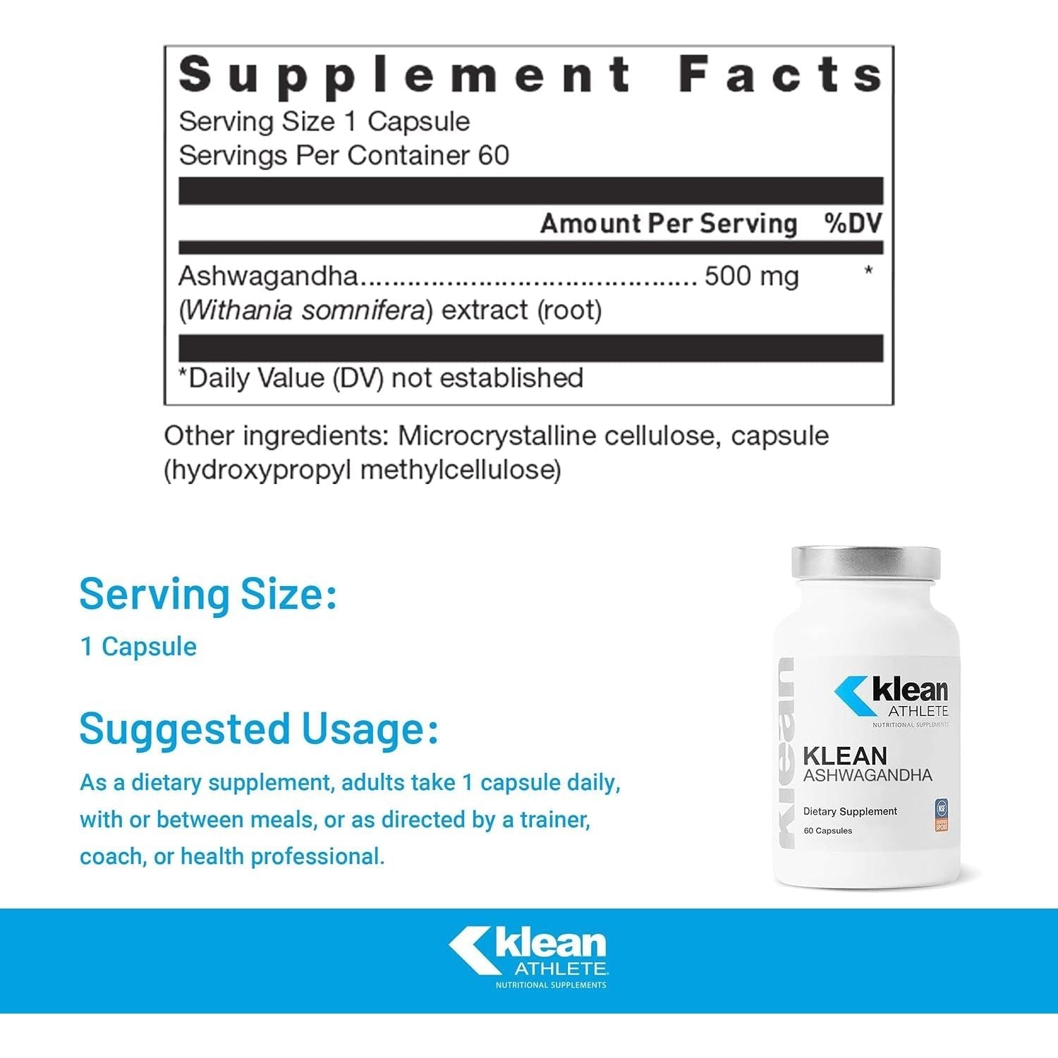 Klean ATHLETE Ashwagandha - for Occasional Stress - Supports Adaptations to Training* - 60 Capsules
