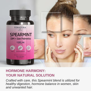 Spearmint Leaf Capsules Supplement - Enhanced with DIM & Saw Palmetto, for Unwanted Hair, Women' Health & Skin *USA Made & Tested* - 1380Mg/Serving, 60 Capsules (30 Servings)