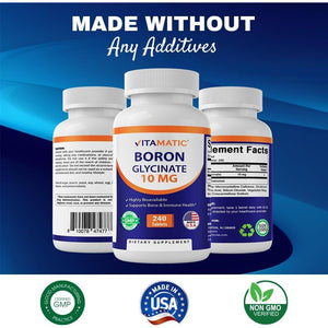 Vitamatic Chelated Boron (As Glycinate) 10Mg 240 Tablets - Supports Hormone Balance, Bone Health & Connective Tissue