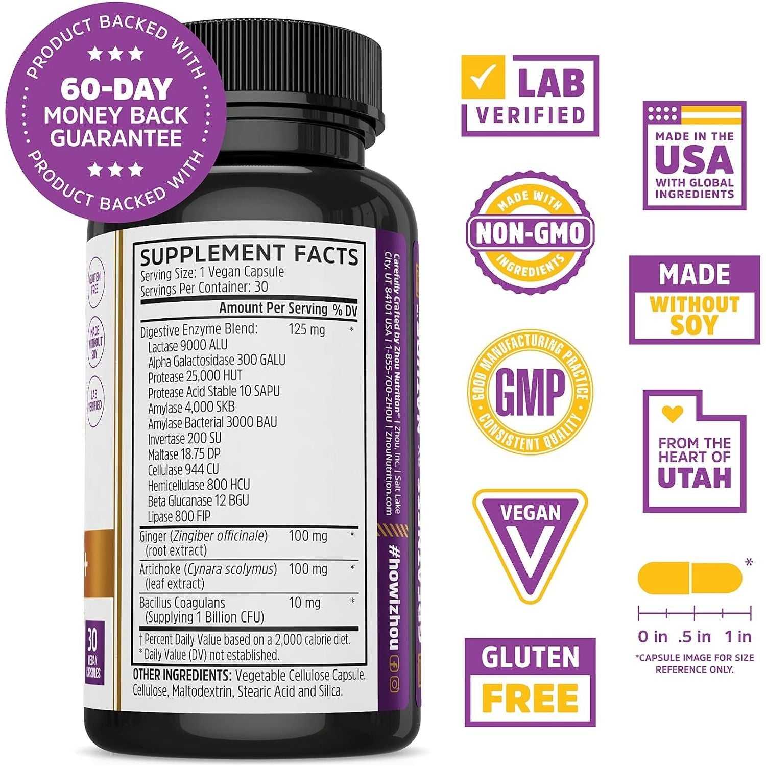 Zhou Nutrition Bloat Blast+ Digestive Enzymes with Probiotics, Reduce Water Retention and Improve Digestive Health, 30 Servings