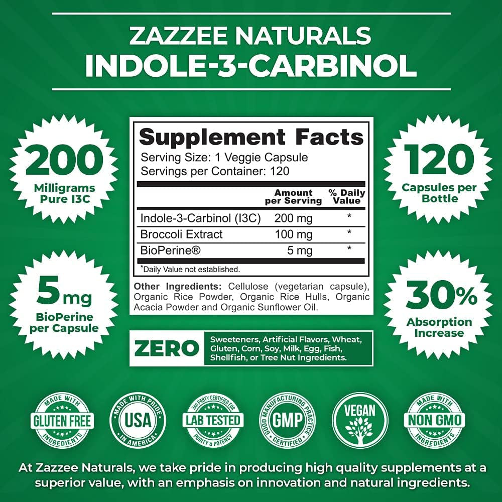 Zazzee High Absorption Indole-3-Carbinol (I3C), 200 Mg 120 Vegan Capsules