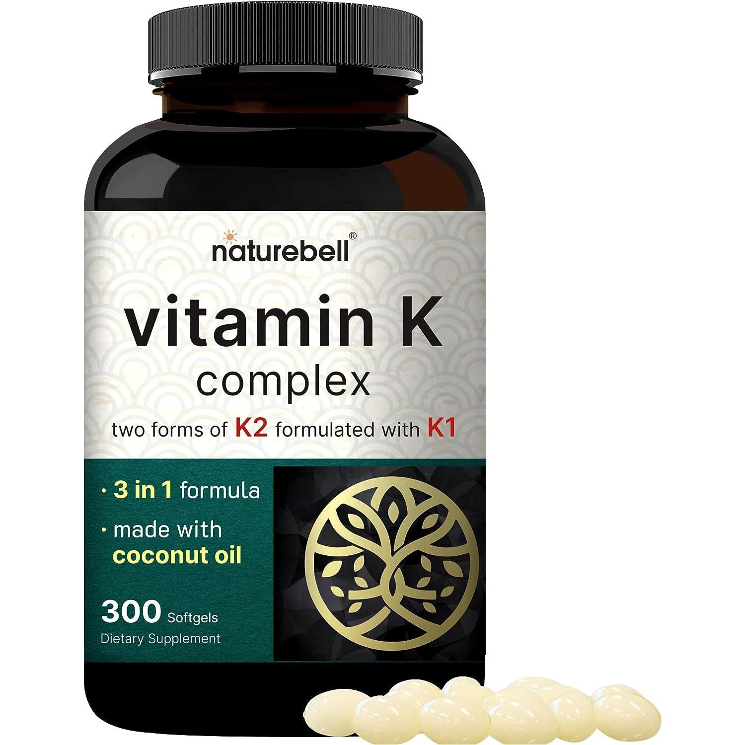 Naturebell Vitamin K Complex, 2,600Mcg per Serving, 300 Coconut Oil Softgels | Heart & Bone Support
