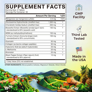 VITALITOWN Glucosamine Chondroitin MSM | Collagen, Boswellia, Turmeric, Hyaluronic Acid, Bromelain | 90 Tablets