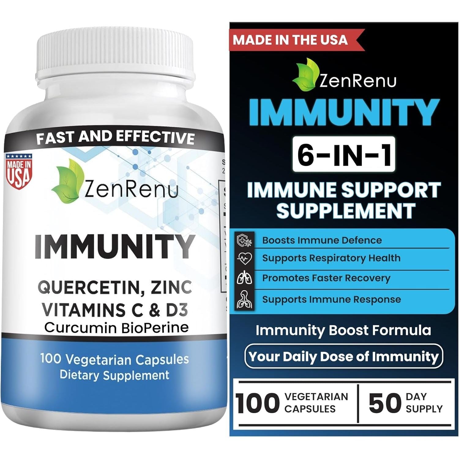 Zenrenu Immunity Quercetin 700 Mg Zinc Vitamin C Vitamin D Immune Support Supplement with Curcumin 50 Day Supply