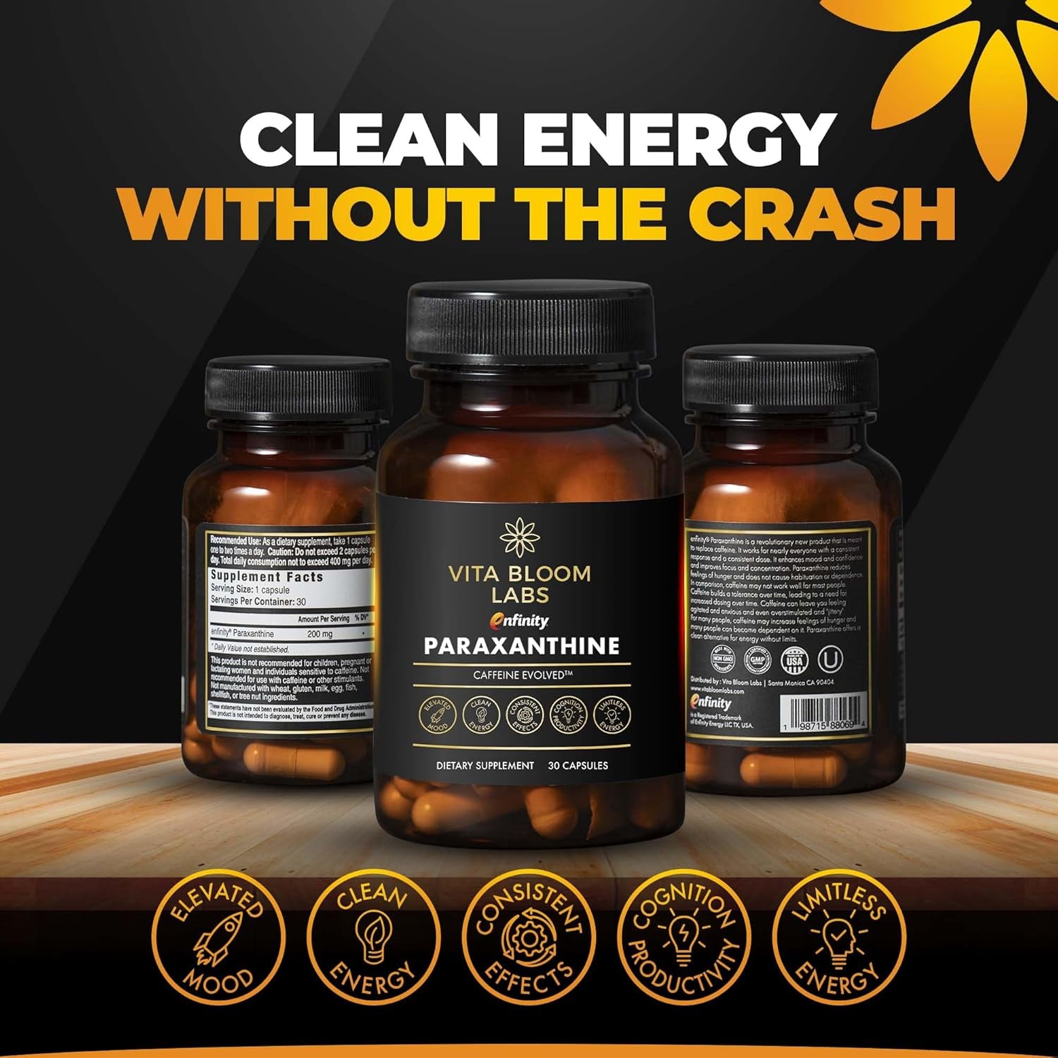 Enfinity Paraxanthine Capsules, Clean Energy & Focus, Caffeine Alternative | 200 Mg 30 Capsules