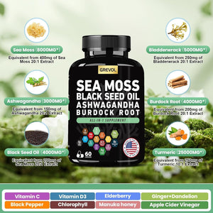 Sea Moss Black Seed Oil Ashwagandha Bladderwrack Burdock Root Turmeric - Multimineral Supplement - 60 Count