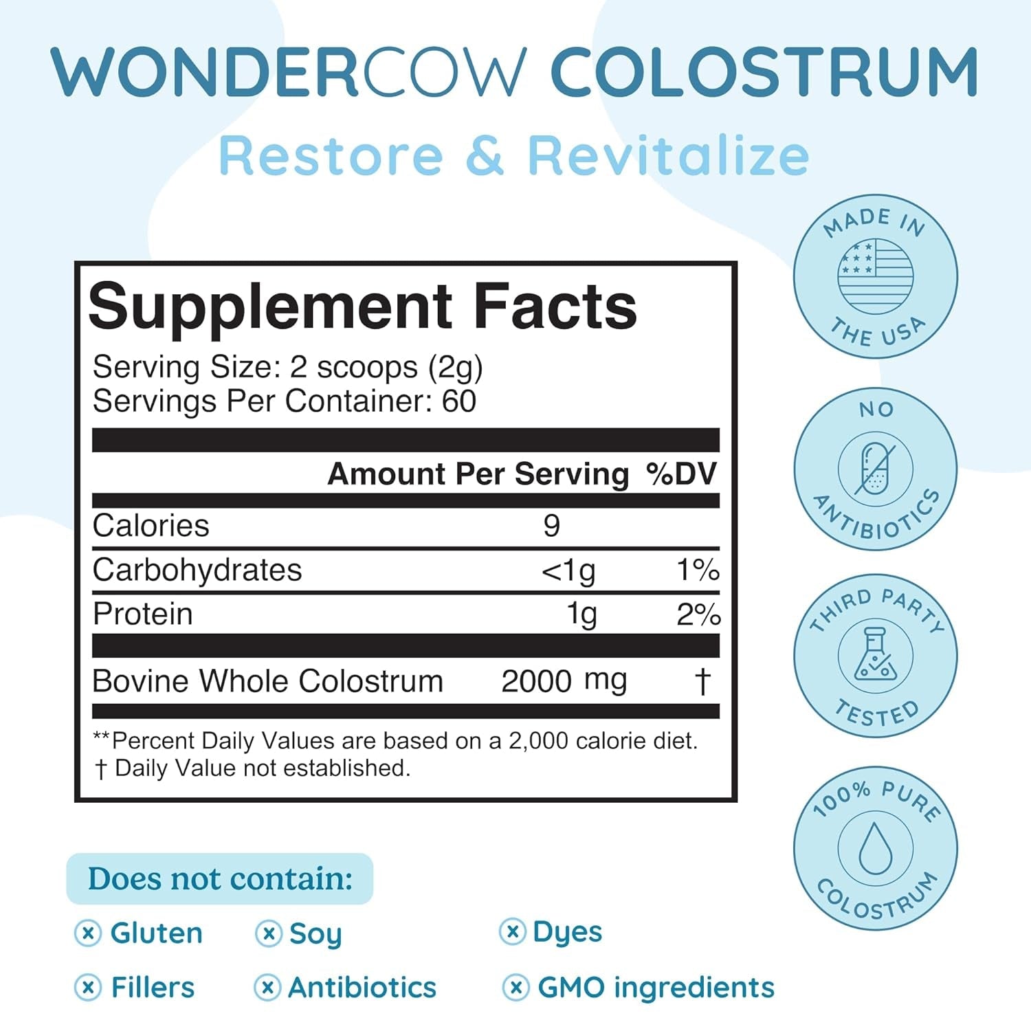 WONDERCOW Colostrum Supplement Powder for Gut Health, Immune Support, Muscle Recovery & Wellness 60 Servings