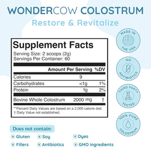 WONDERCOW Colostrum Supplement Powder for Gut Health, Immune Support, Muscle Recovery & Wellness 60 Servings