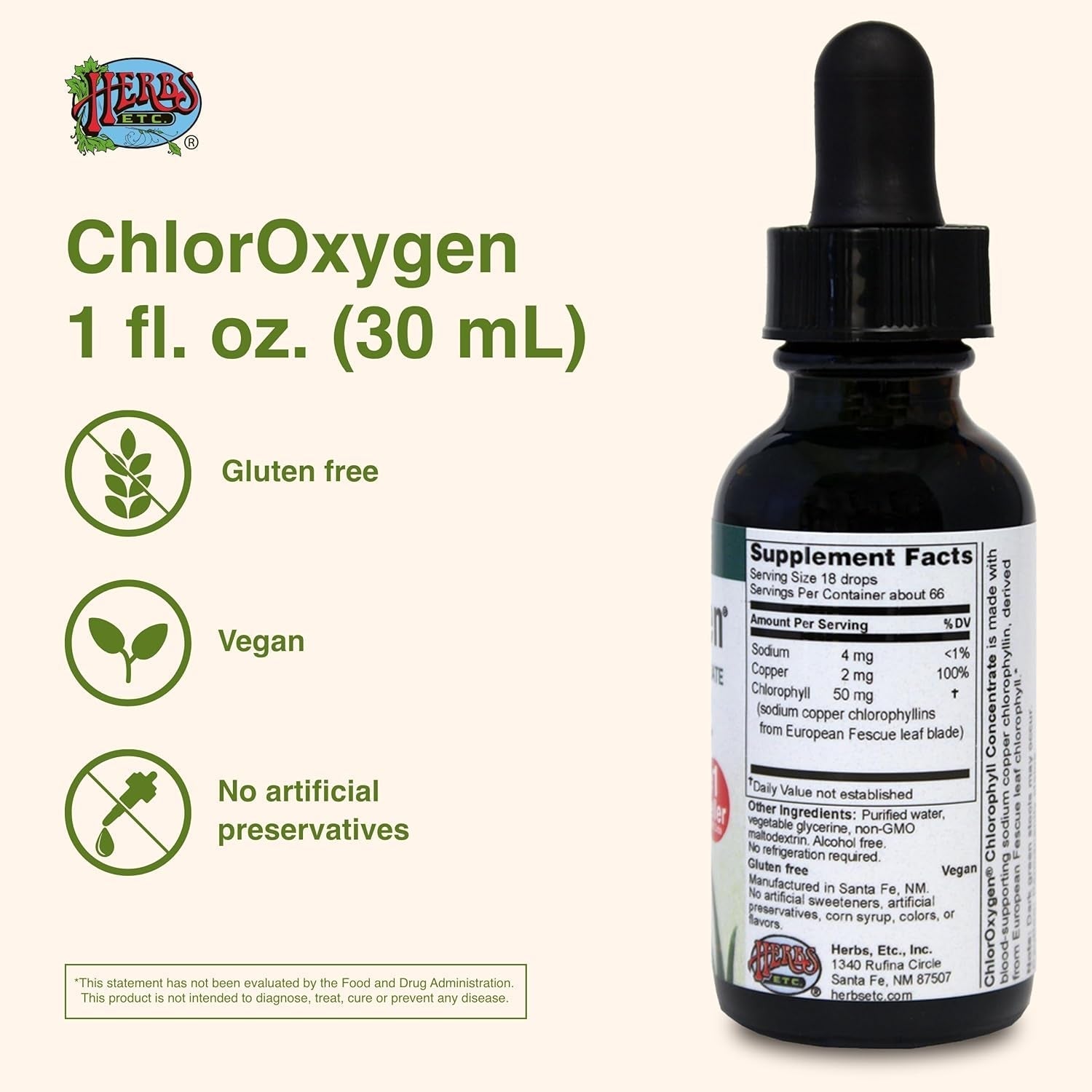 Herbs Etc. Chloroxygen Chlorophyll Concentrate - Aids Healthy Blood Circulation - Natural Vitality Support - 1 Fl Oz (66 Servings)