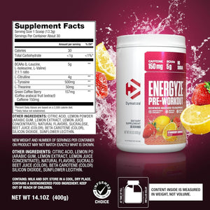 Dymatize Energyze Pre Workout Powder, Strawberry Lemonade Flavor, 150Mg Caffeine, 5G Bcaas, 30 Servings