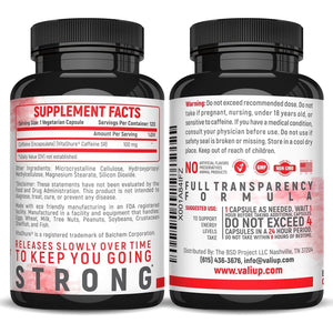 VALI Time Release Caffeine 100Mg Pills - Smart Slow Release for Extended Energy & Focus 120 Capsules