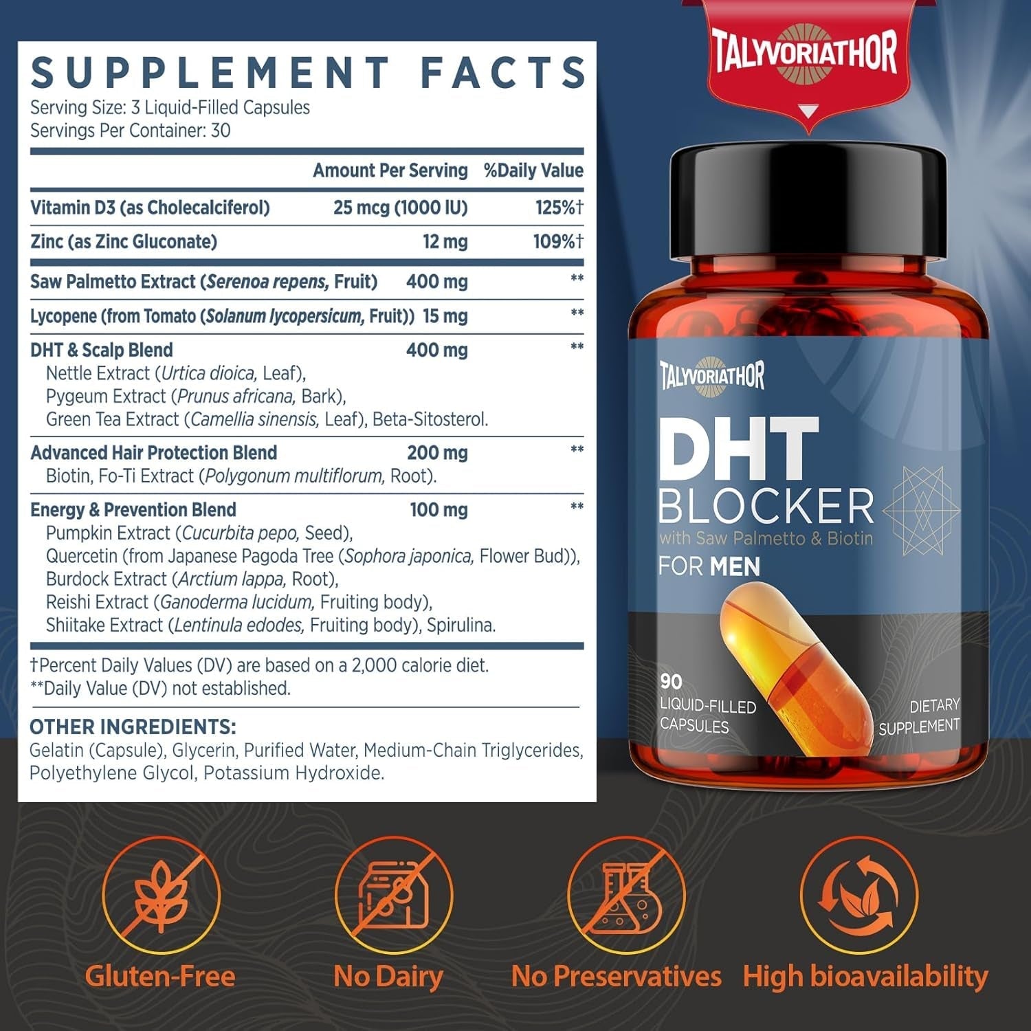 DHT Blocker for Men with Saw Palmetto & Biotin, Hair Growth Formula in Liquid-Filled Capsules, 90 Capsules