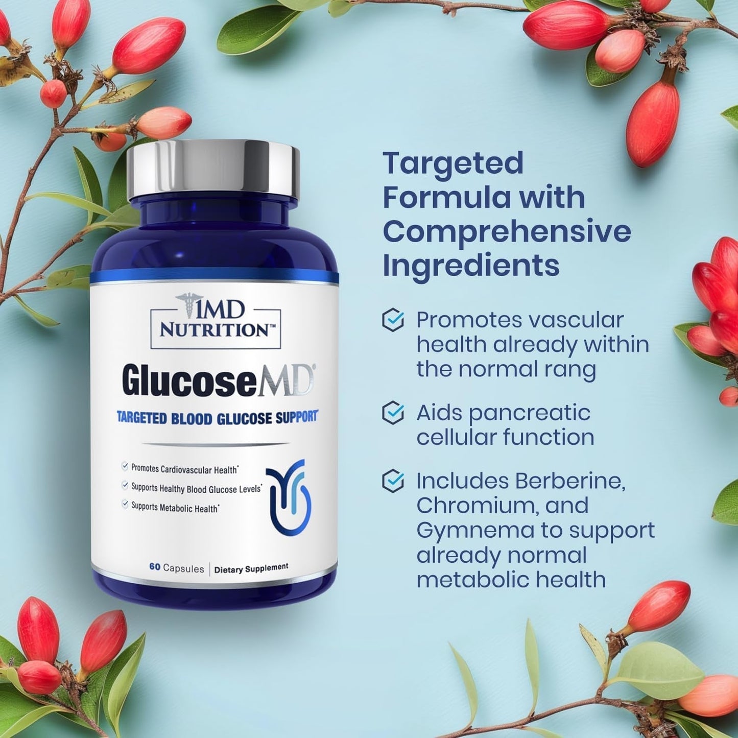 1MD Nutrition - Cinnamon Bark 10:1 Water Extract, Chromium, Neem Leaf, Berberine, Cayenne Pepper 5:1 Extract, Lion'S Mane, Gymnema Leaf and Stem - 60 Capsules