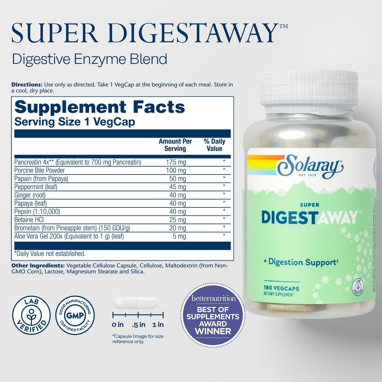SOLARAY Super Digestaway Digestive Enzymes - Digestion & Nutrient Absorption Support - Lab Verified - 180 Vegcaps