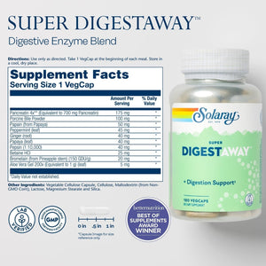 SOLARAY Super Digestaway Digestive Enzymes - Digestion & Nutrient Absorption Support - Lab Verified - 180 Vegcaps