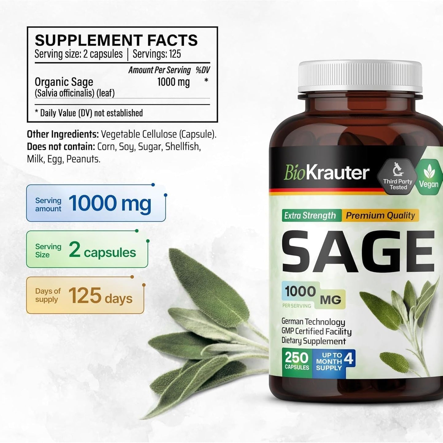 BIO KRAUTER Sage Supplement Capsules 1000 Mg - Immune & Digestive Support (250 Vegan Caps)