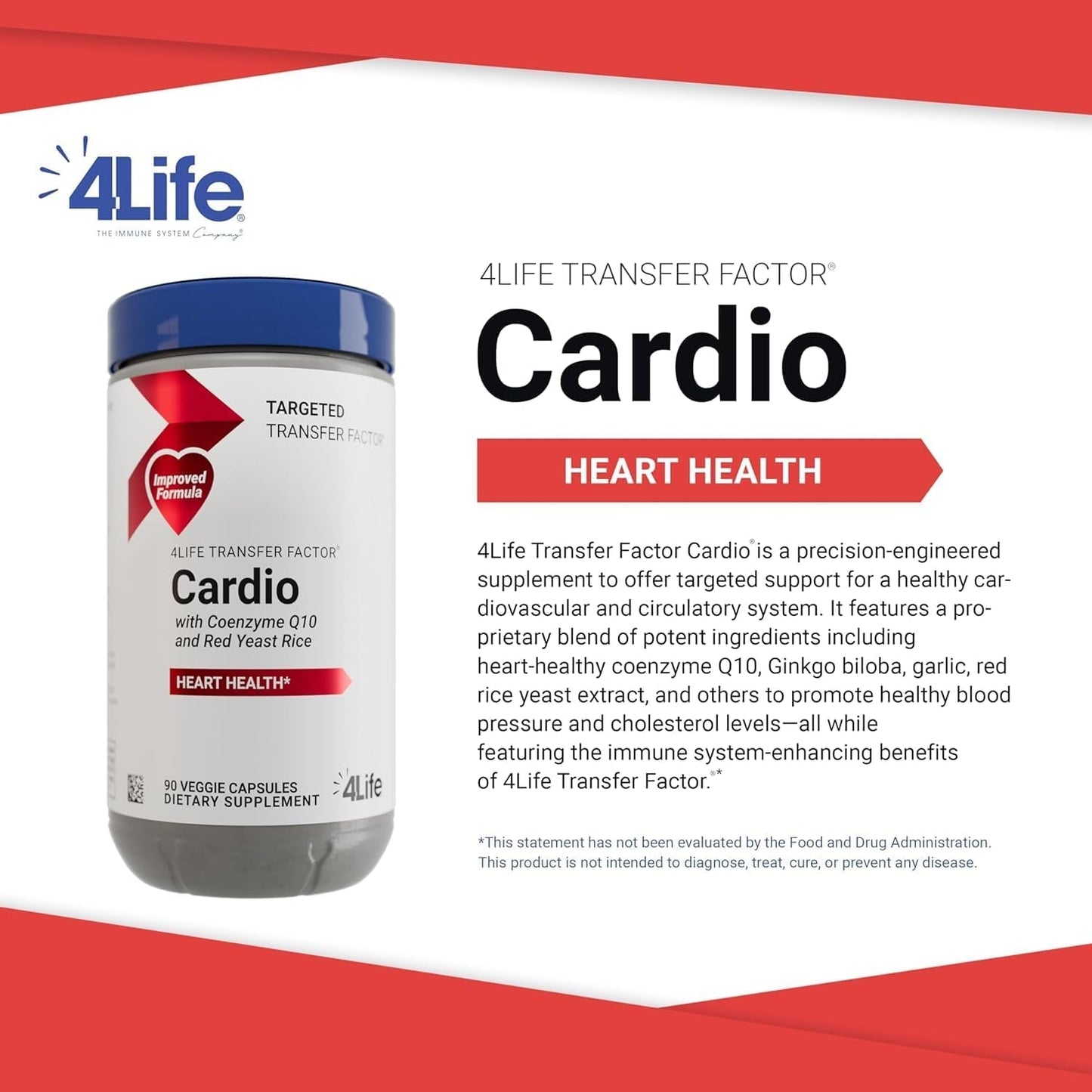 4Life Transfer Factor Cardio - Targeted System Support with Ginkgo Biloba, Garlic, Red Yeast Rice, and Resveratrol - 90 Capsules