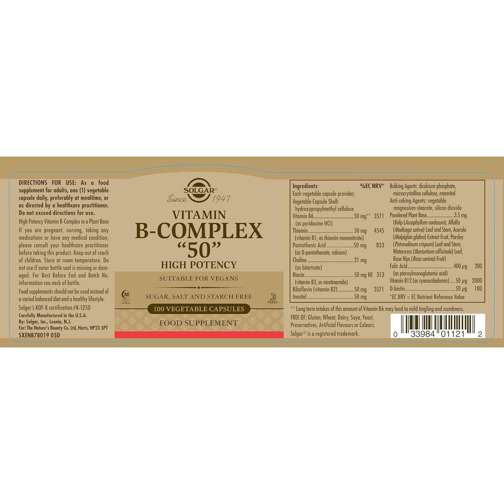 Solgar Bcomplex “50” Vegetable Capsules Energy Metabolism Cardiovascular Support & Nervous System Support 100 Count
