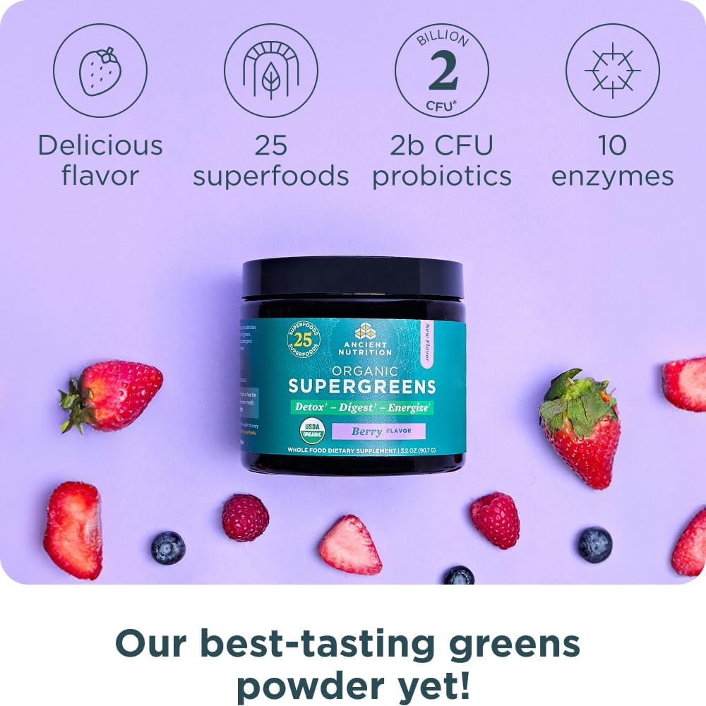Ancient Nutrition Supergreens Powder with Probiotics, Digestive and Energy Support, 12 Servings