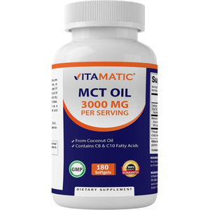 Vitamatic MCT Oil 3000 Mg per Serving - 180 Softgels - from Coconut Oil - Contains 55% C8 and 40% C10