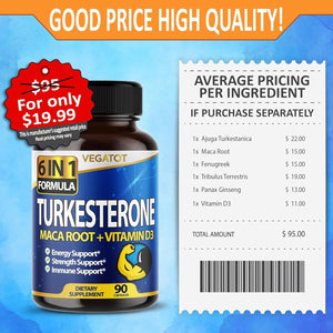 VEGATOT 6 in 1 High Strength Turkesterone Concentrated with Maca Root Fenugreek Tribulus (60 Count)