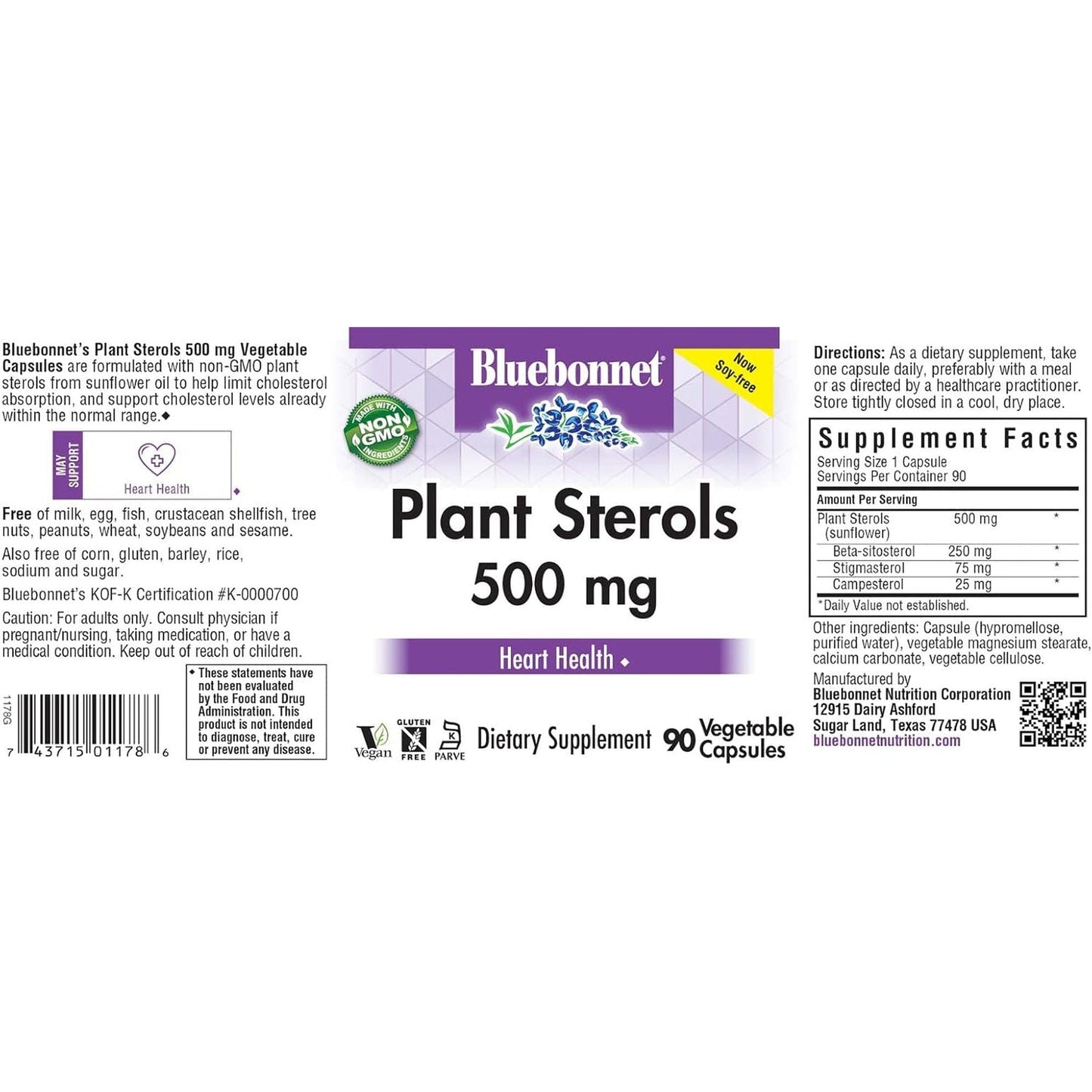 Bluebonnet Nutrition Plant Sterols 500Mg Heart Health Supplement for Men & Women 90 Vegetable Capsules
