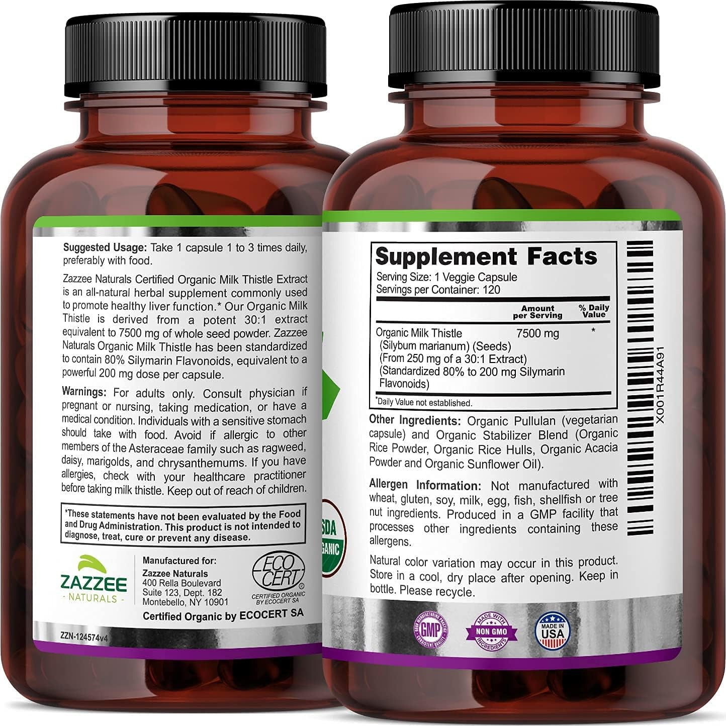 Zazzee USDA Organic Milk Thistle 30:1 Extract, 7500 Mg Strength, 120 Vegan Capsules