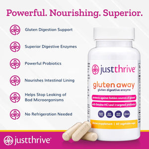 Just Thrive Gluten Away - Vegan Digestive Enzymes for Digestion - Probiotic Support for Trace Gluten, 60 Capsules