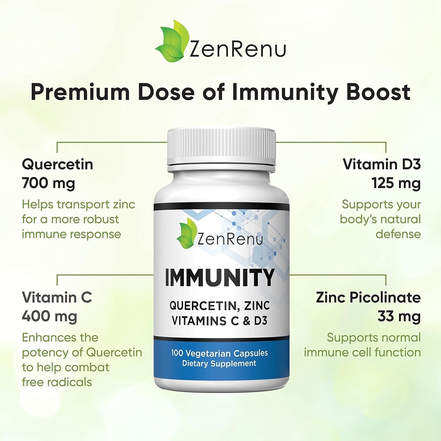 Zenrenu Immunity Quercetin 700 Mg Zinc Vitamin C Vitamin D Immune Support Supplement with Curcumin 50 Day Supply