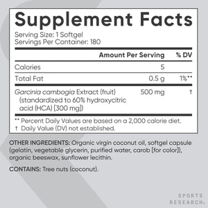 Sports Research Garcinia Cambogia Extract (60% HCA) with Extra Virgin Organic Coconut Oil (180 Softgels)