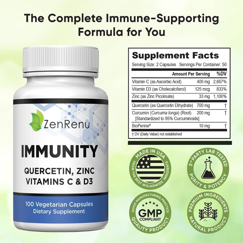 Zenrenu Immunity Quercetin 700 Mg Zinc Vitamin C Vitamin D Immune Support Supplement with Curcumin 50 Day Supply
