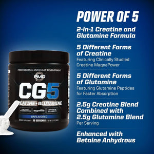 PMD Sports CG5 Premium Creatine & L Glutamine Powder, UNFLAVORED 30 Servings