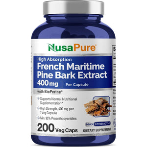 Nusapure French Maritime Pine Bark Extract 400Mg per Veggie Caps 200-Day Supply Bioperine Non-Gmo Vegan