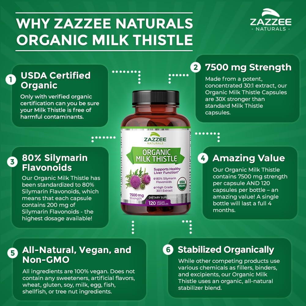 Zazzee USDA Organic Milk Thistle 30:1 Extract, 7500 Mg Strength, 120 Vegan Capsules