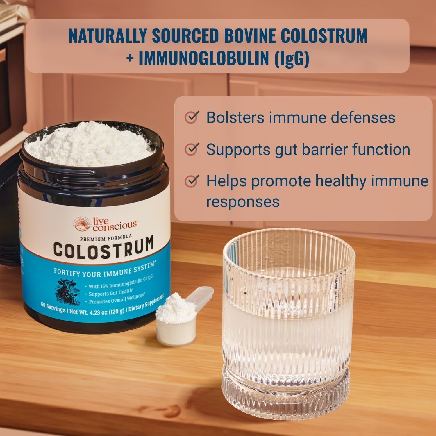 Live Conscious Colostrum Powder with Lactoferrin for Iron Absorption - Immune System Supplement