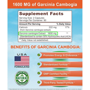 Garcinia Cambogia 1600 Mg (180 Capsules) - Pure Natural Extract Supplement Pills