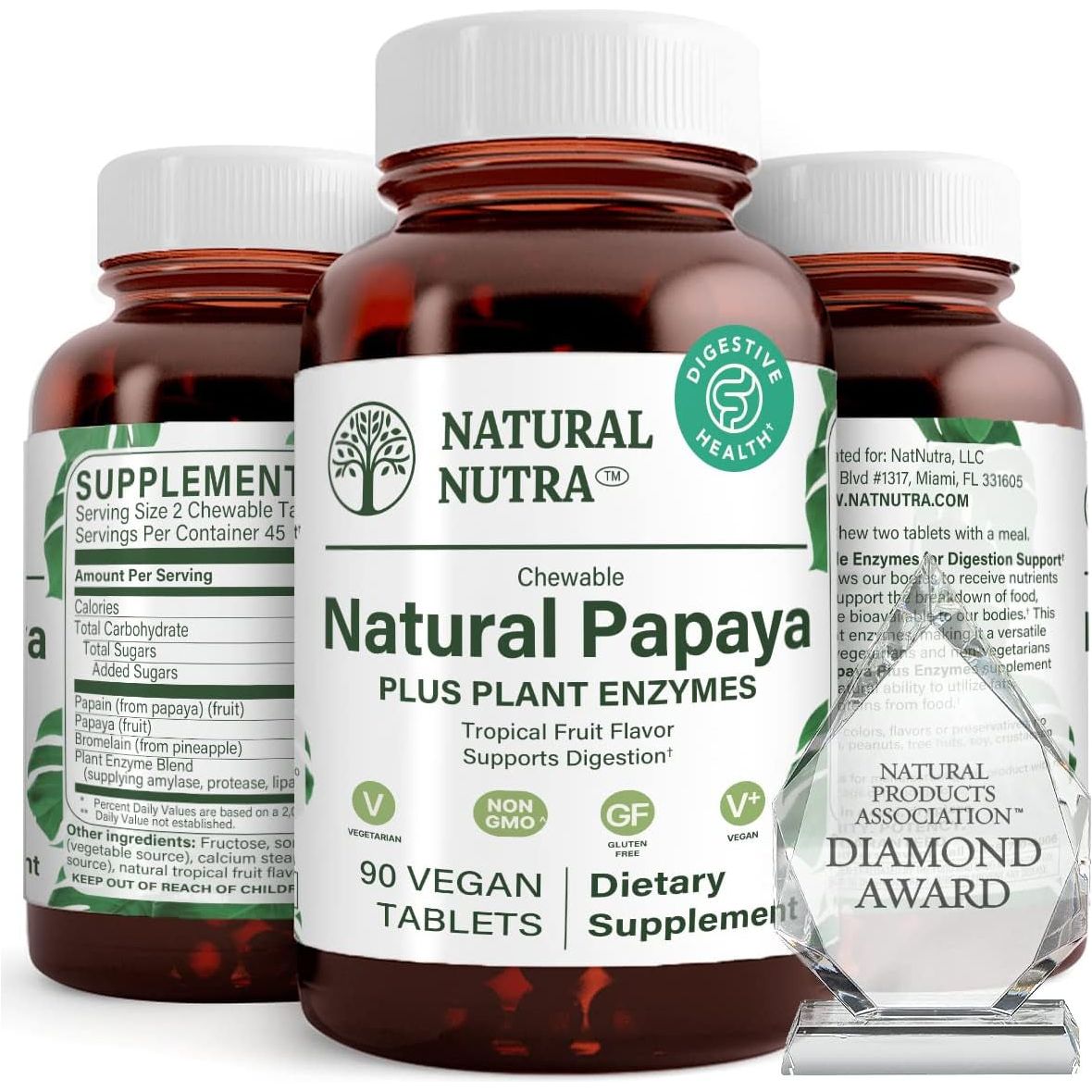 Natural Nutra Papaya Chewable Enzymes for Digestion and Body Cleanse - 90 Vegan Tablets