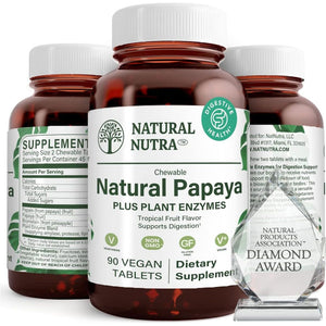 Natural Nutra Papaya Chewable Enzymes for Digestion and Body Cleanse - 90 Vegan Tablets