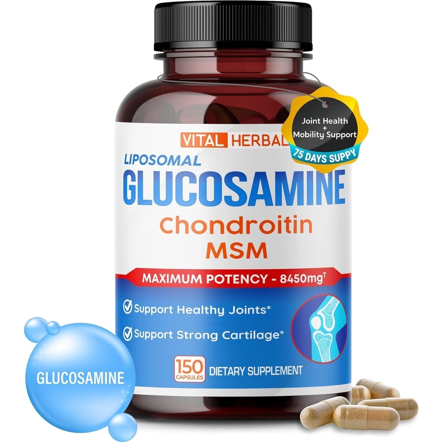 VITAL HERBAL Liposomal Glucosamine with Chondroitin, MSM- Maximum Potency- Support Joints, Cartilage- Made in the USA