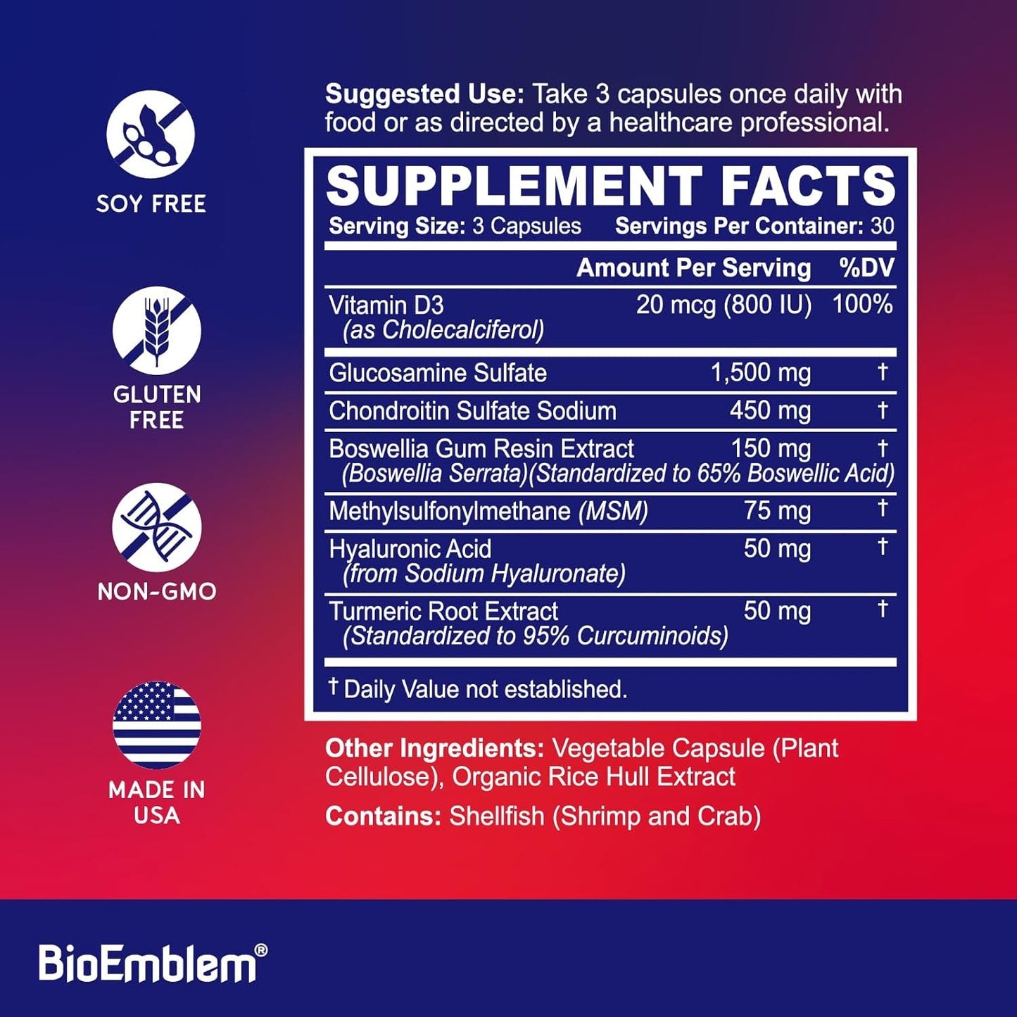 Bioemblem Joint Support - Glucosamine Chondroitin + MSM 1500 MG - with Boswellia, Turmeric & Hyaluronic Acid 90 Caps