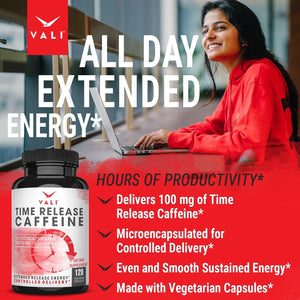 VALI Time Release Caffeine 100Mg Pills - Smart Slow Release for Extended Energy & Focus 120 Capsules