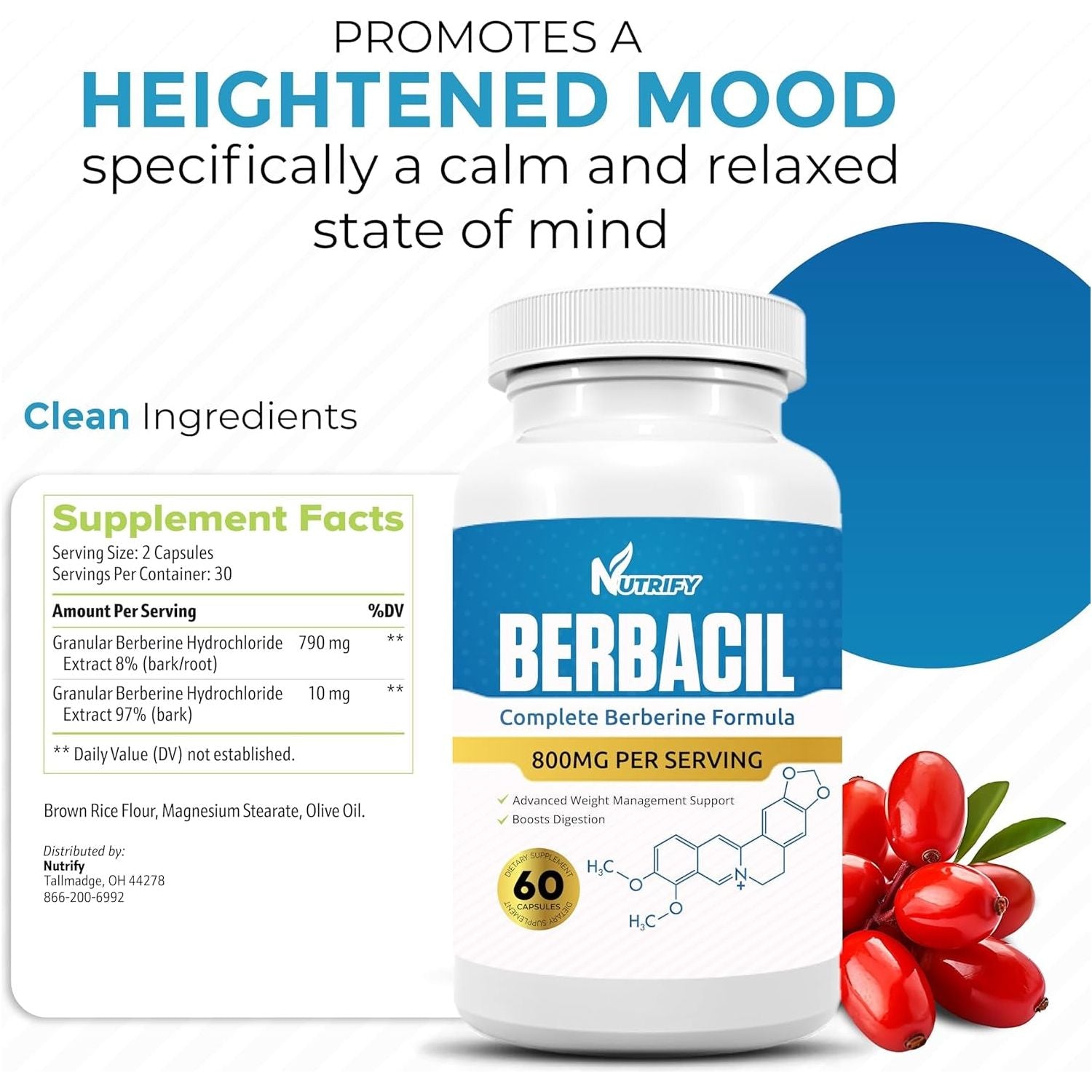 Berbacil - 100% Pure Berberine, Highest Absorption, 800Mg, GMO Free, Made in USA