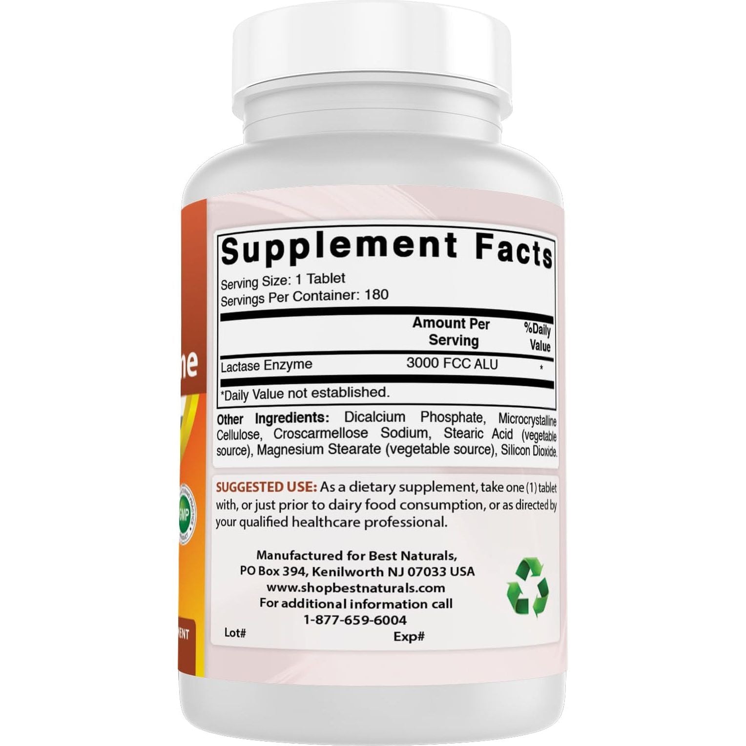 Best Naturals Fast Acting Lactase Enzyme Tablet, 3000 Fcc Alu, 180 Count