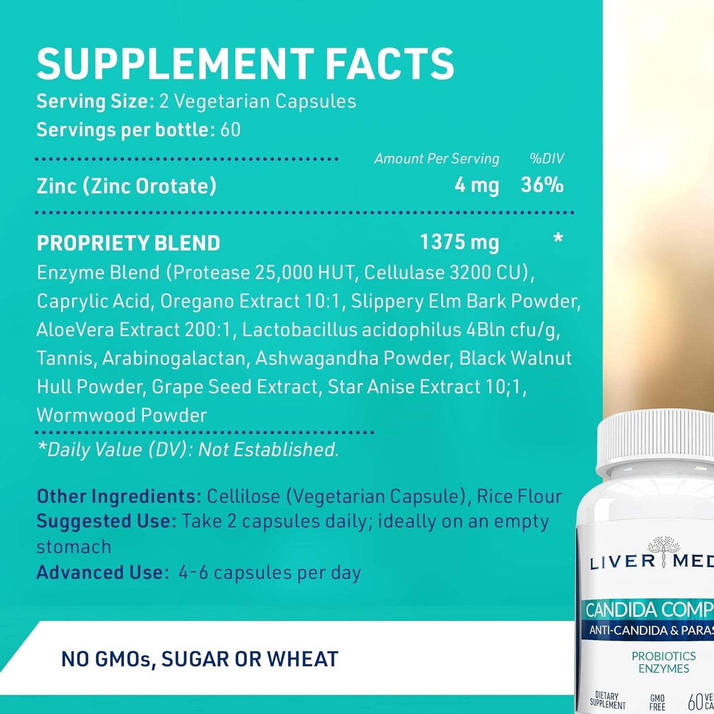 Candida Complex Oregano Oil, Digestive Enzymes, Candida Cleanse, 60 Vegetarian Capsules