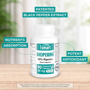 Supersmart - Bioperine 30Mg per Day (95% Piperine) - Digestive Enzymes Support - 90 Vegetarian Capsules