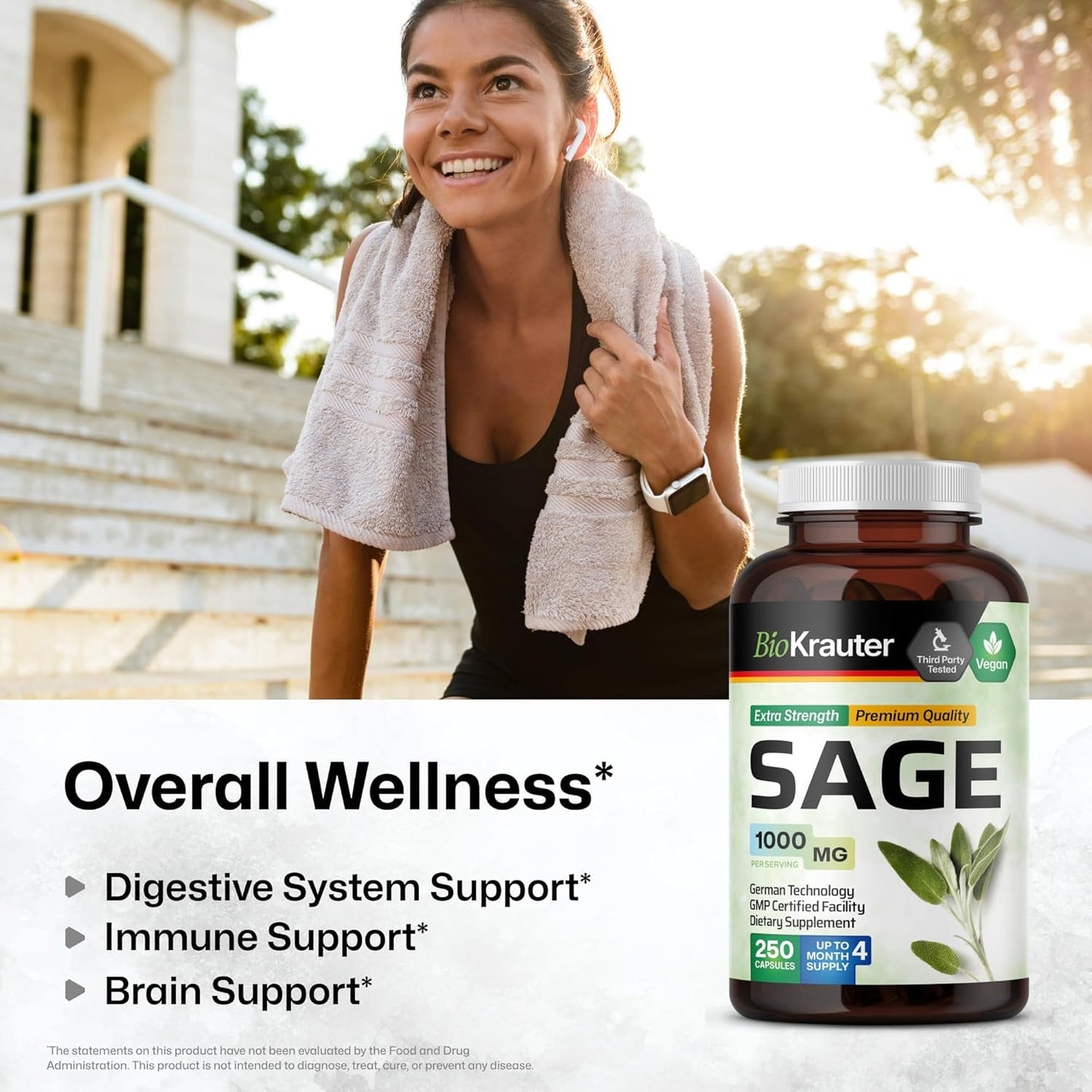 BIO KRAUTER Sage Supplement Capsules 1000 Mg - Immune & Digestive Support (250 Vegan Caps)