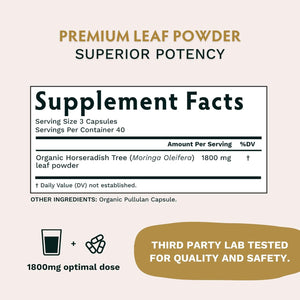 TRIBE ORGANICS 1800Mg Organic Moringa Oleifera Powder for Energy | Joints | Brain Function - 120 Vegan Capsules
